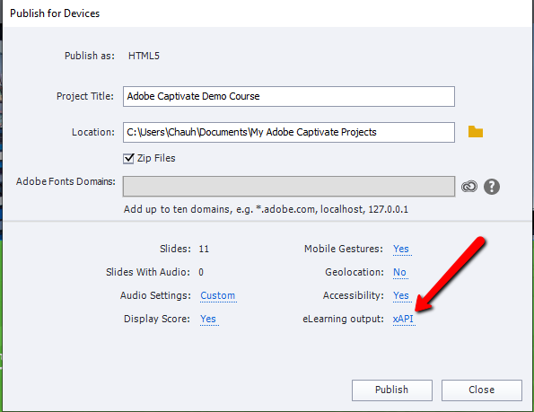 adobe captivate publish for devices setting window image.