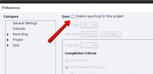 Enable reporting for this project toggle.