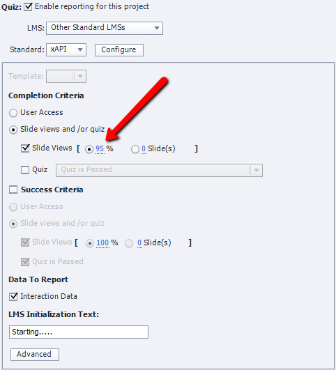 publishing for devices settings window completion criteria slide views setting image.