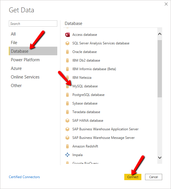 Select database type