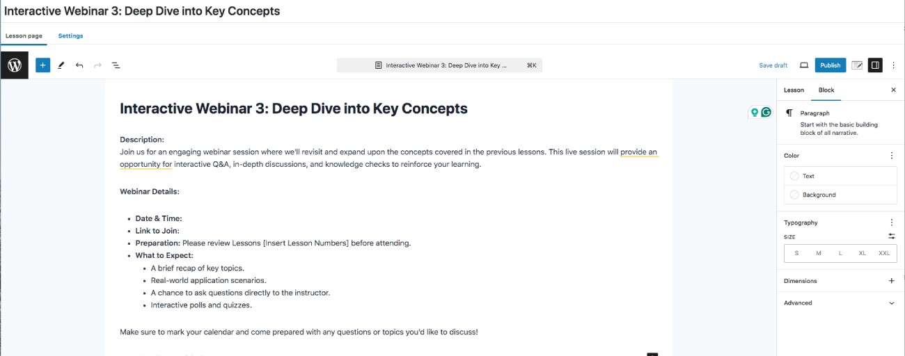 creating webinar lesson in LearnDash