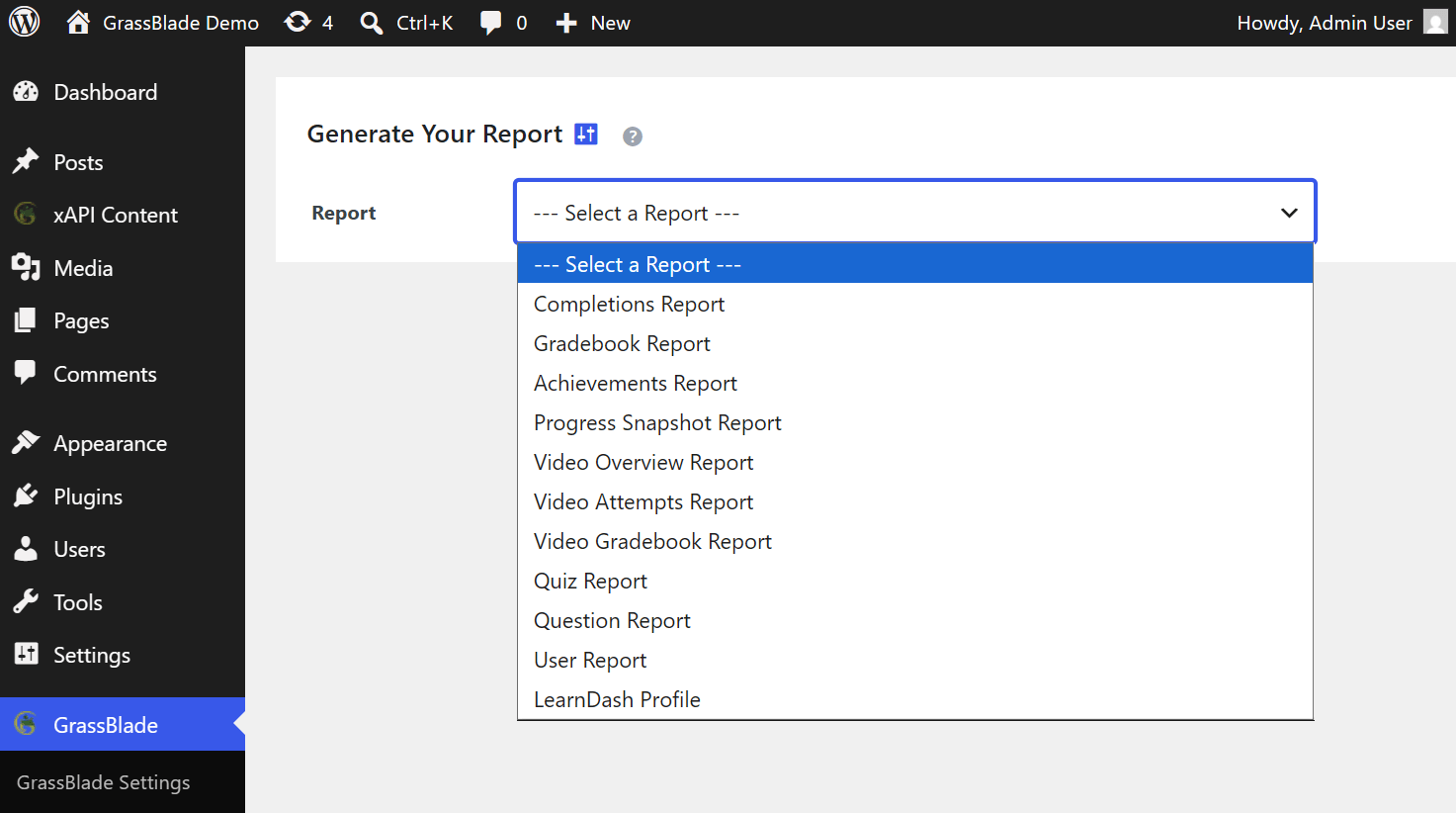 List of reports displayed in a dropdown.