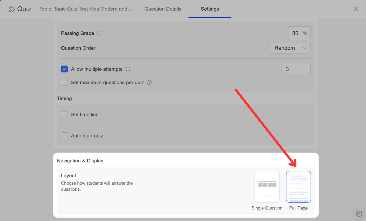 Tutor LMS Quiz Layout Settings
