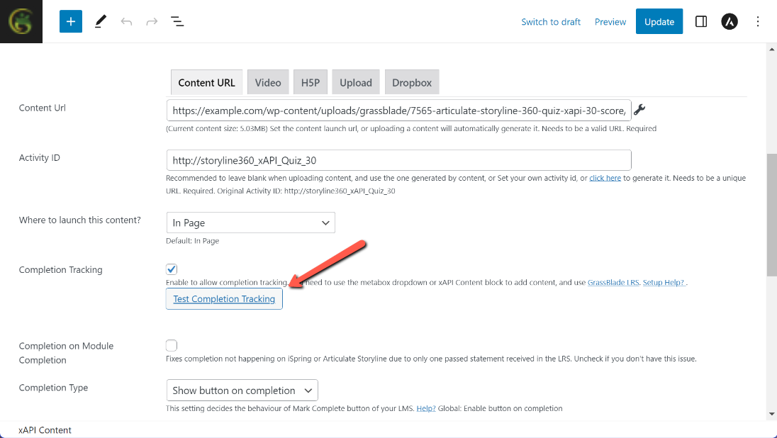 Start Completion Testing Tool in Edit xAPI Content page
