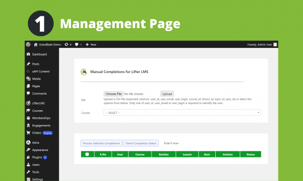 Management Page of Manual Completion for LifterLMS plugin.