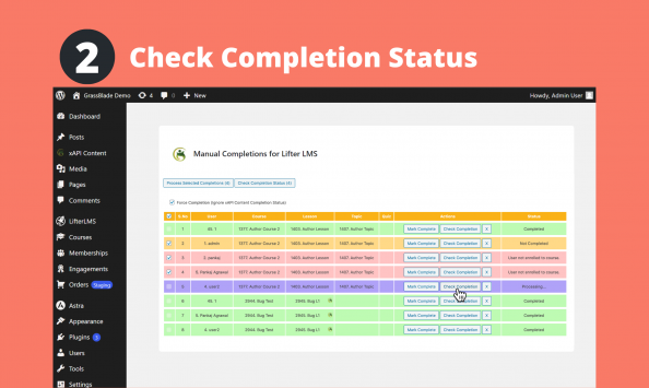 Various status of course and lesson statuses