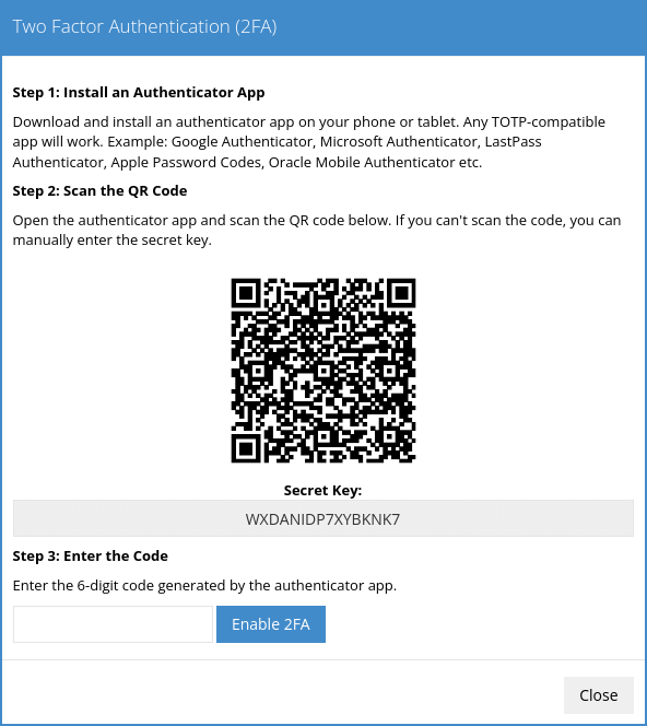 Two Factor Authentication Popup