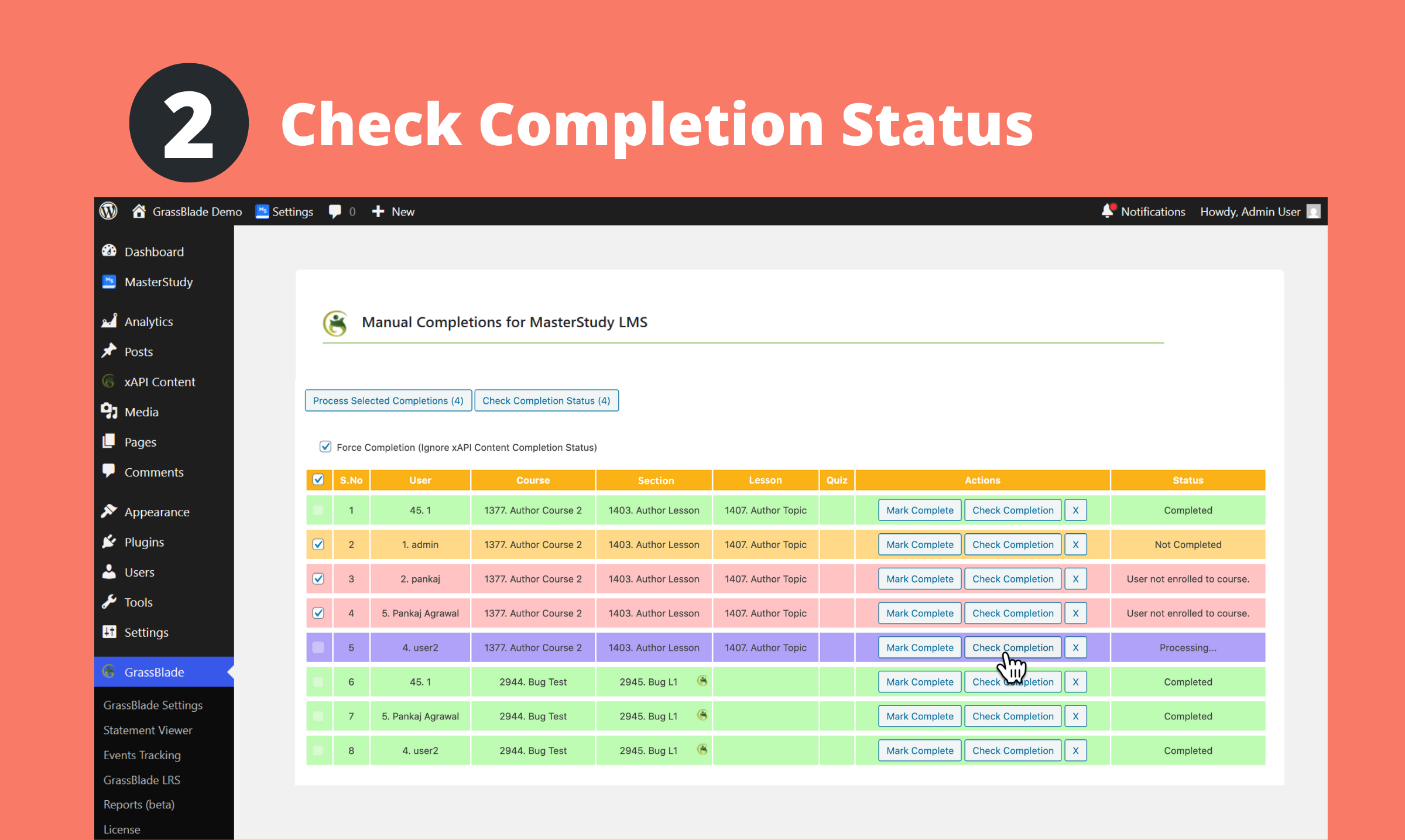 Manual completions for masterstudy statuses