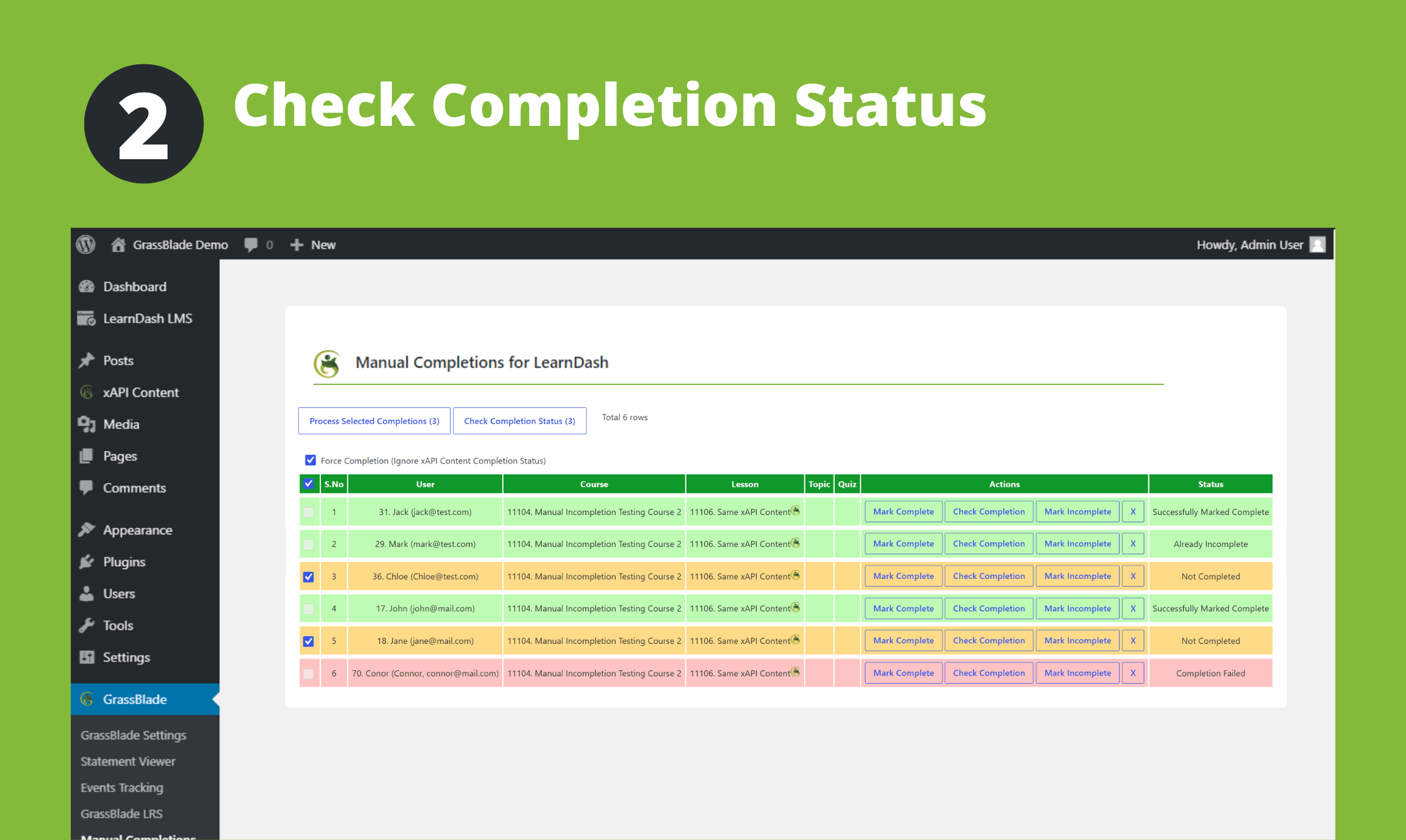 manual completions for learndash completion status