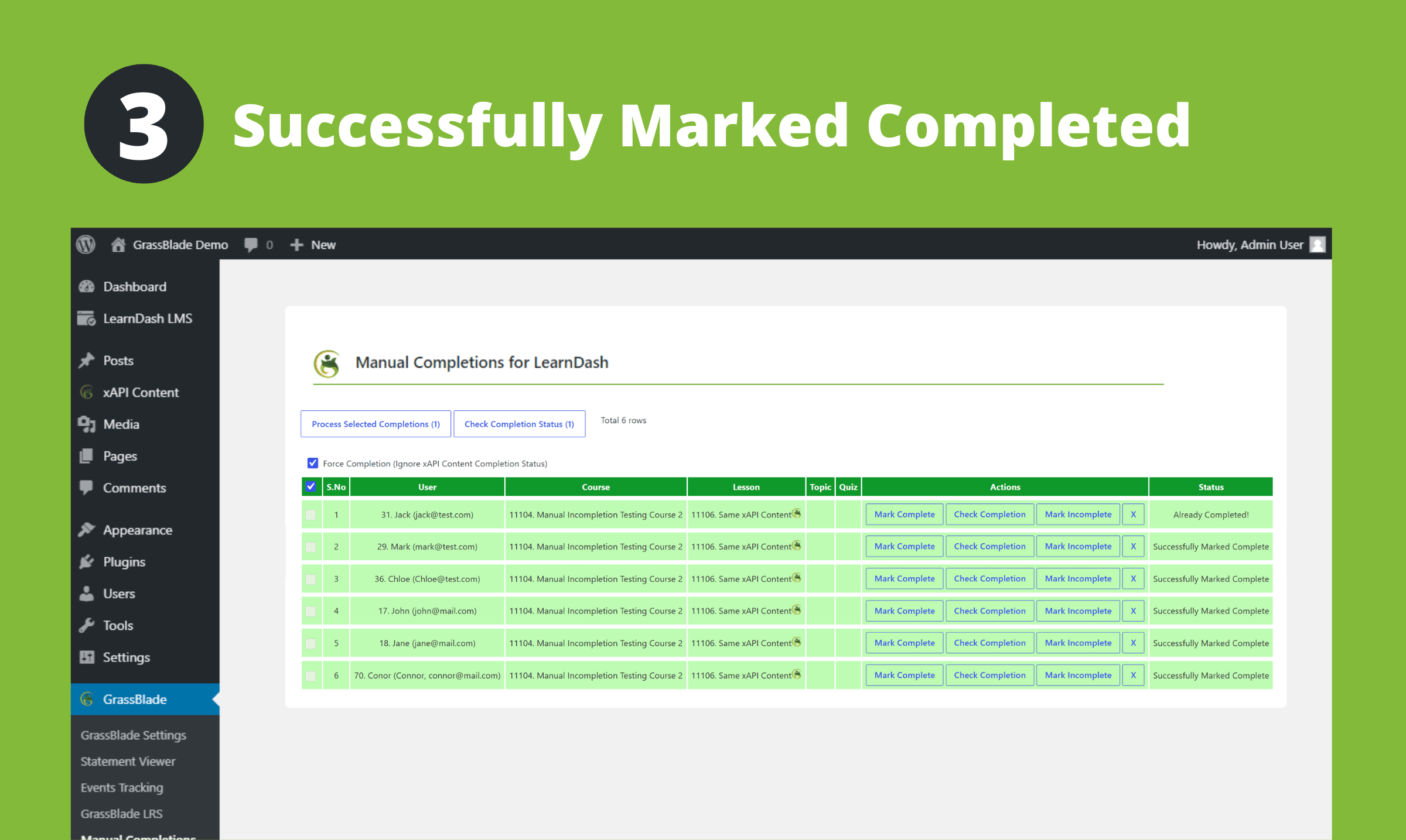 manual completions for learndash completions processed