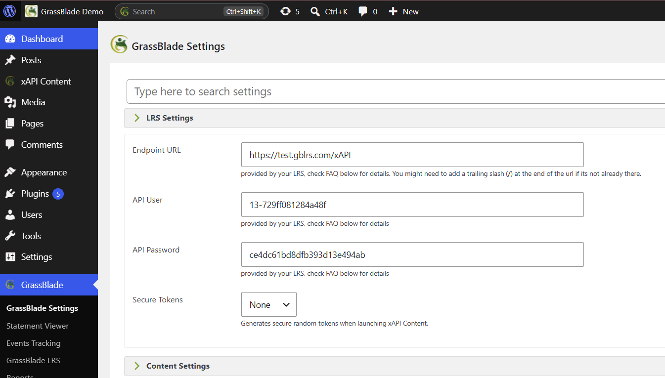 Secure Tokens in GrassBlade Settings page.